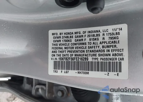 2015 Honda Civic Lx из США, поврежденный, VIN 19XFB2F56FE216289